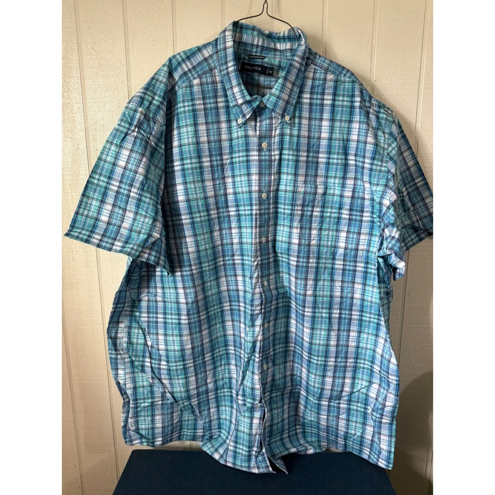 Nautica Mens 4XLT Blue Teal Plaid Short Sleeve Button Down Shirt Tall Fit